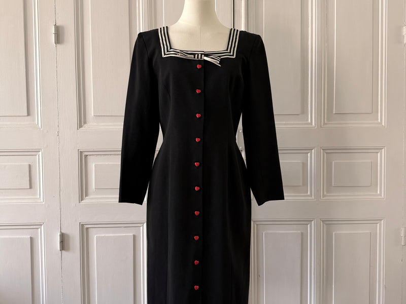 CACHAREL Robe col carré noire et blanche bouton coeur col noeud rayée taille 36