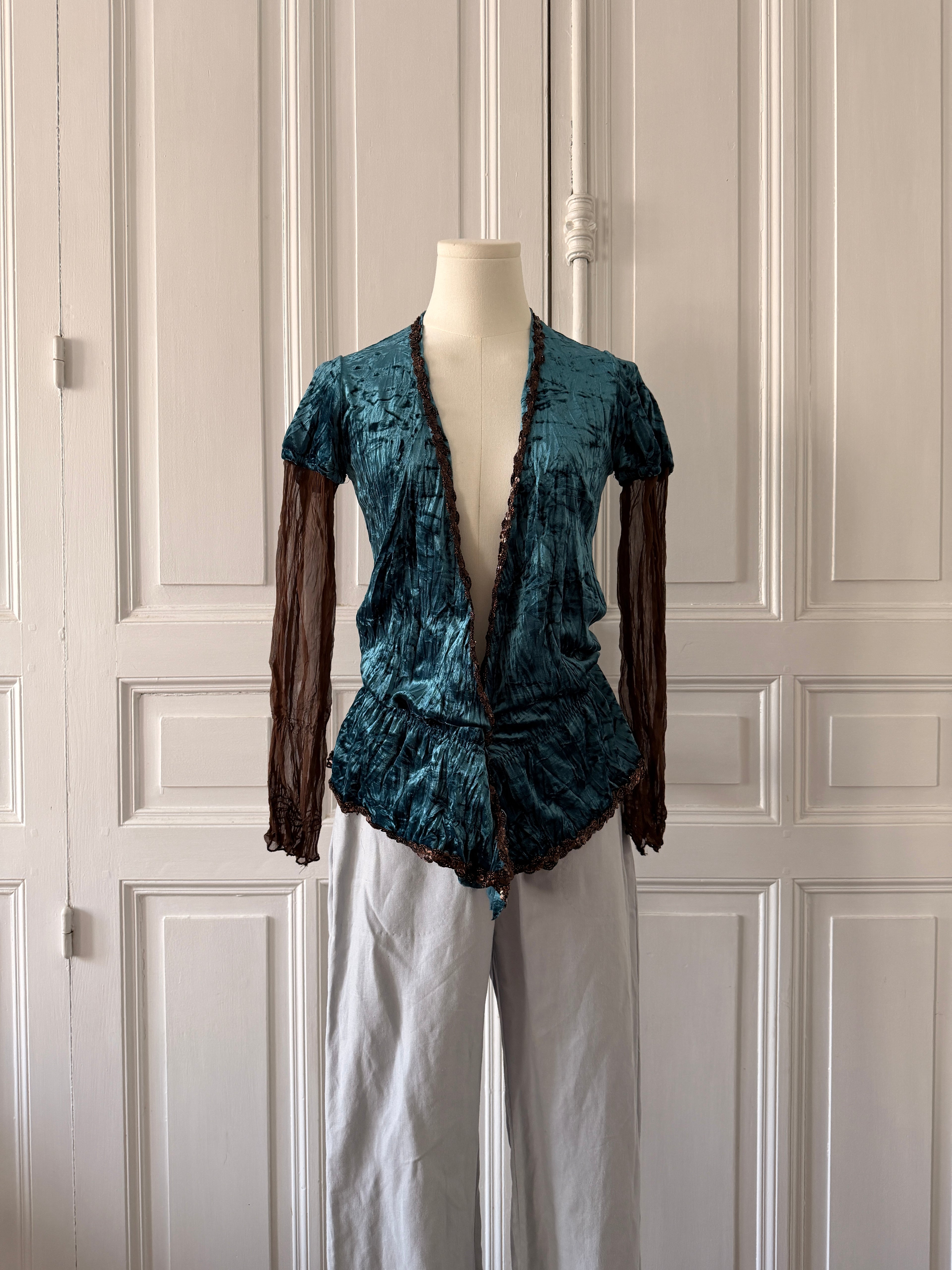 Y2K Veste en velours turquoise manche mesh taille 36