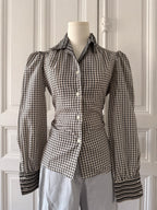 VINTAGE corsage chemisier année 70 noir et blanc manche bouffante col lavalière encolure rayée