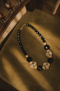 VINTAGE sautoir année 80 perles noires dorées et transparentes