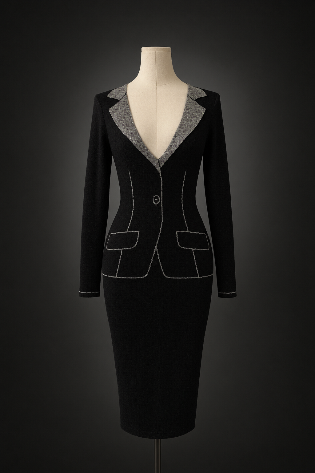 JC DE CASTELBAJAC Robe en laine trompe l’oeil noire et argenté taille 34