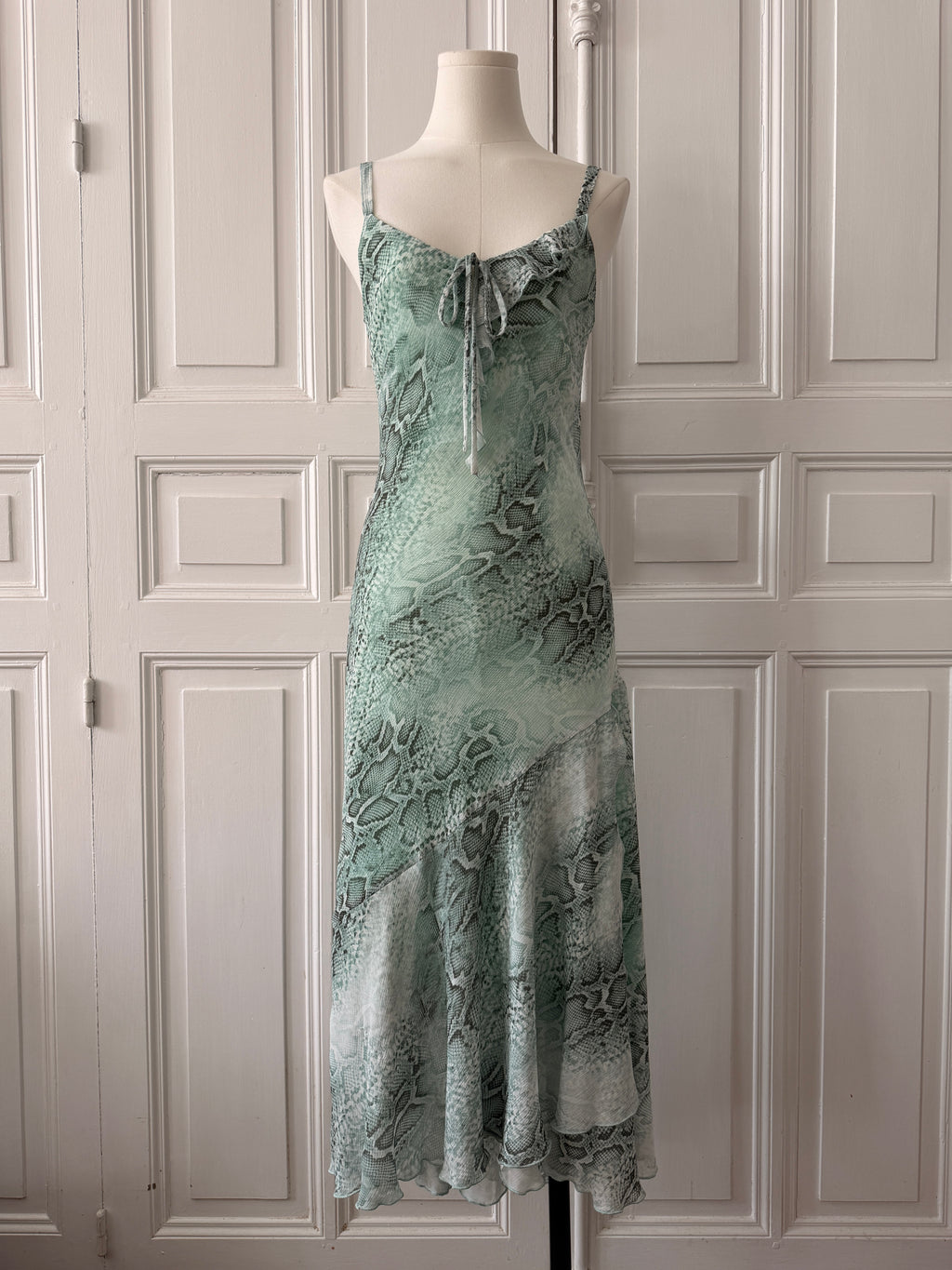 Y2K VINTAGE robe imprimée python bleu Tiffany, designer londonien taille 38