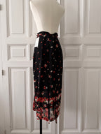Y2K VINTAGE Jupe portefeuille noire à fleurs rouges