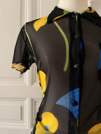 Y2K Top rene derhy mesh noir avec arômes bleu et jaune taille S