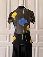 Y2K Top rene derhy mesh noir avec arômes bleu et jaune taille S