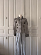 VINTAGE corsage chemisier année 70 noir et blanc manche bouffante col lavalière encolure rayée