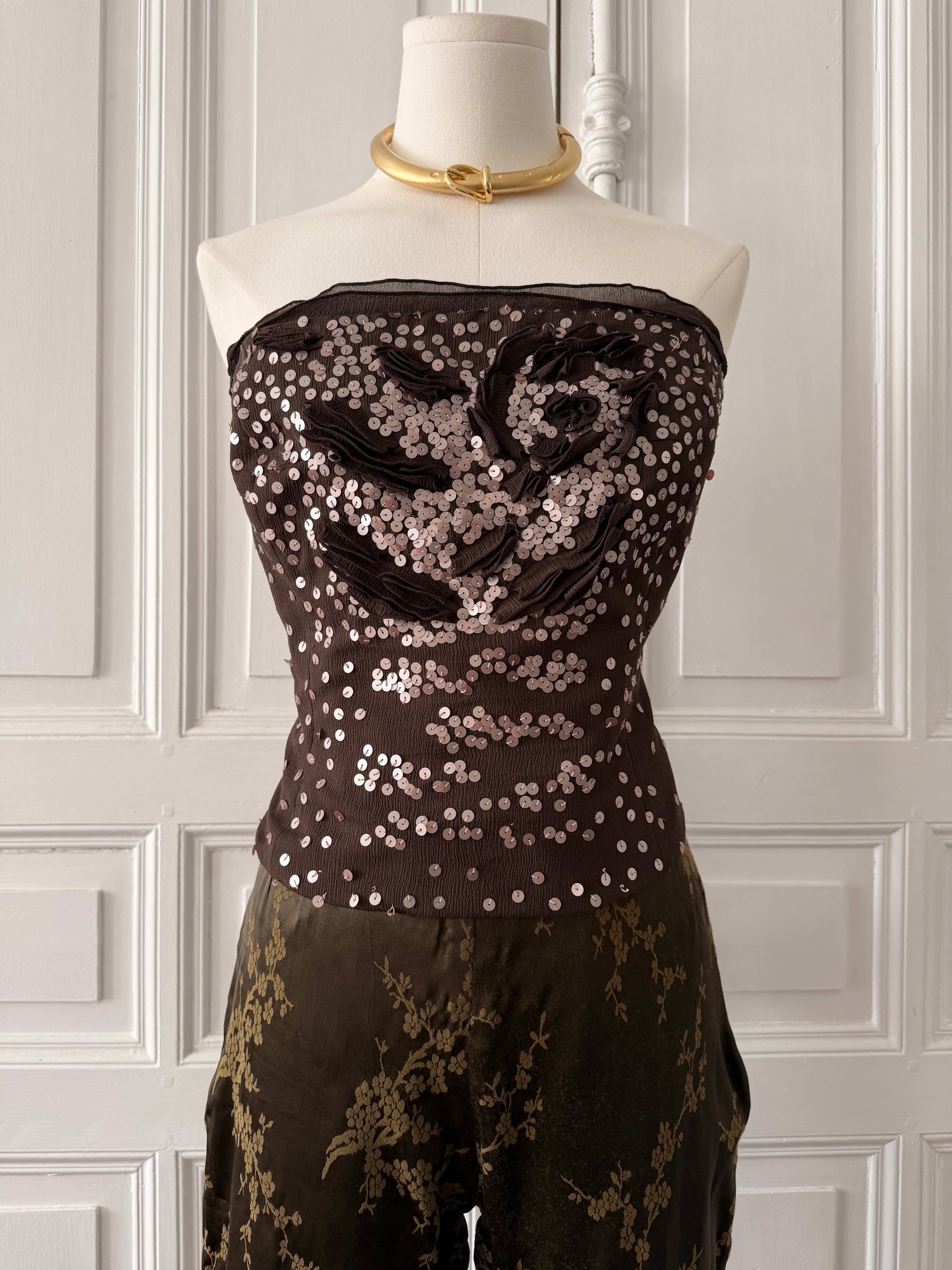 FÈRAUD bustier en soie brodé de sequins taille 46