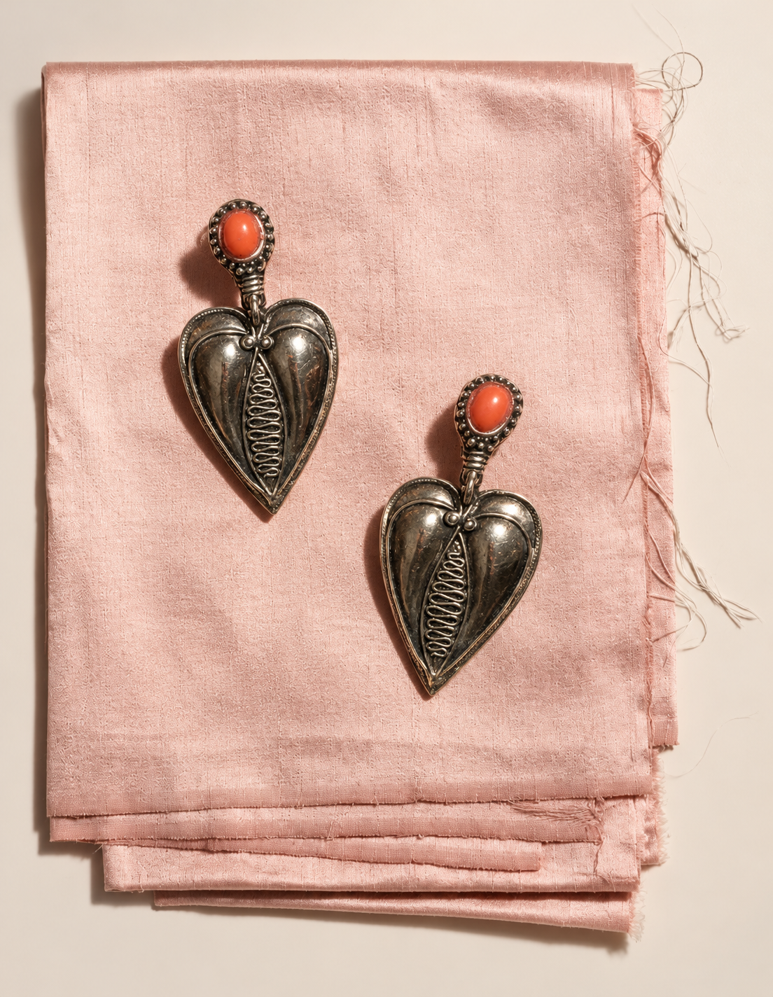 VINTAGE Boucles cœurs argentés pierre orange