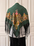 VINTAGE Foulard en soie vintage à fleurs à franges vert jaune rose