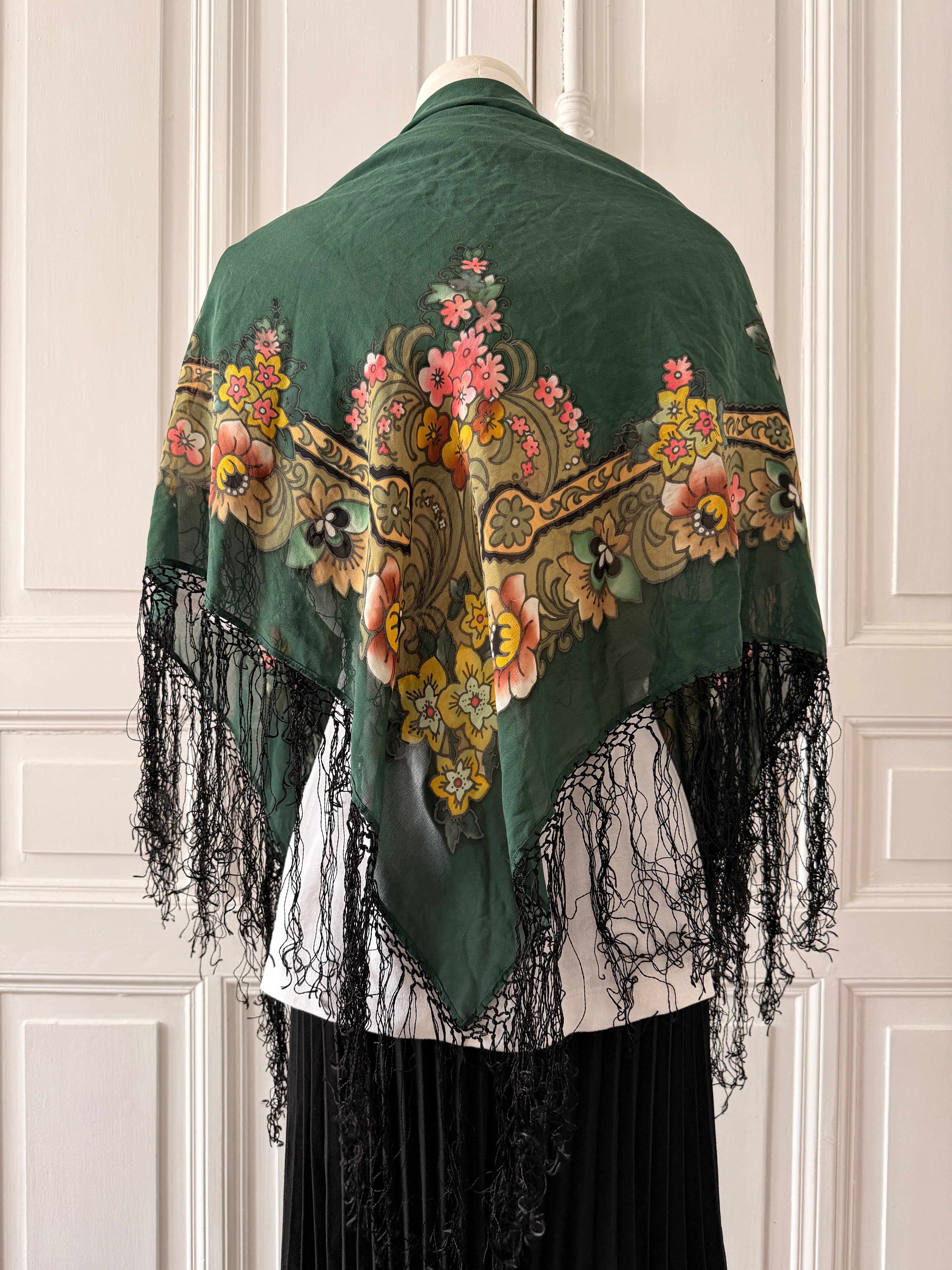 VINTAGE Foulard en soie vintage à fleurs à franges vert jaune rose