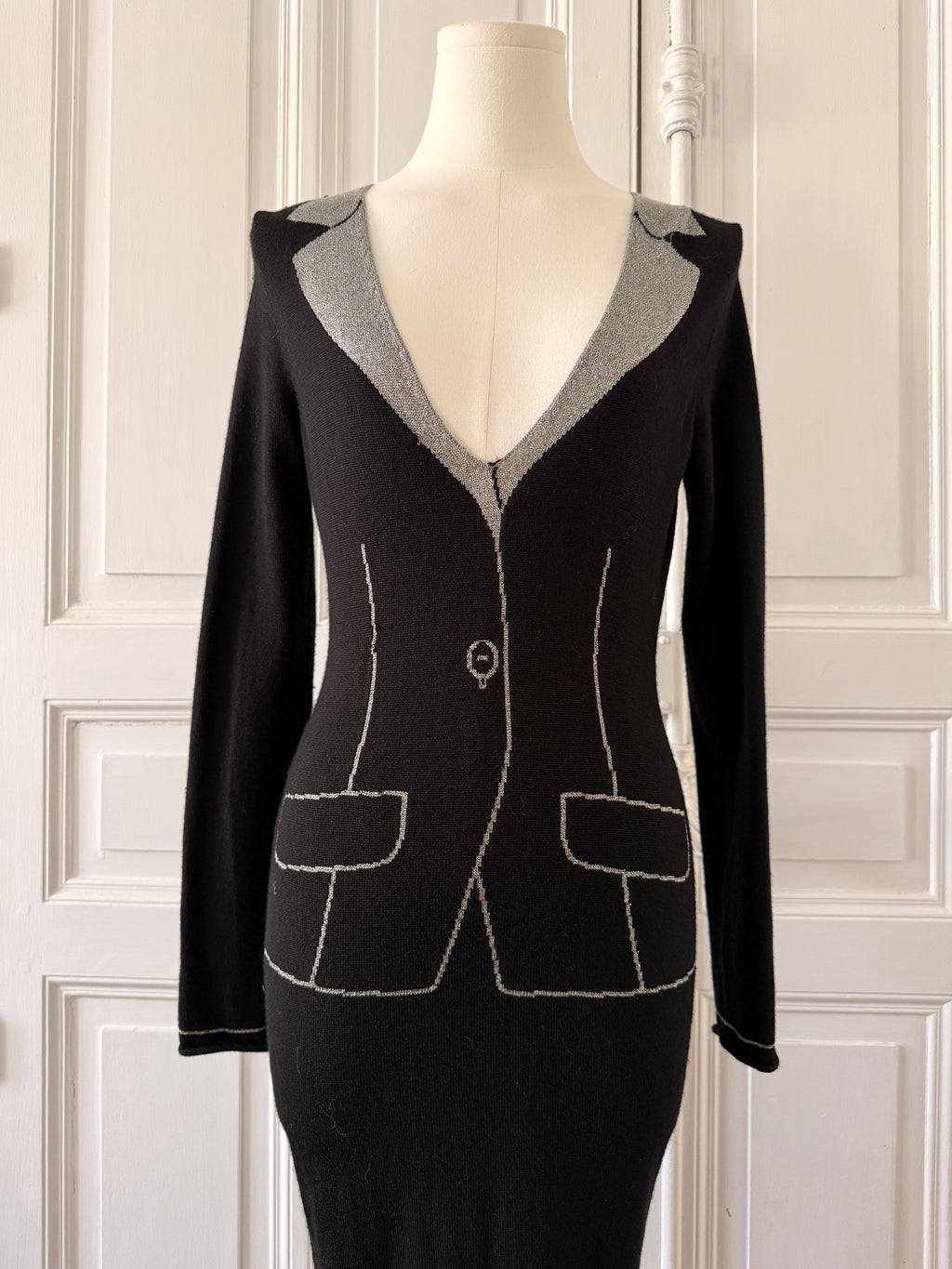 JC DE CASTELBAJAC Robe en laine trompe l’oeil noire et argenté taille 34