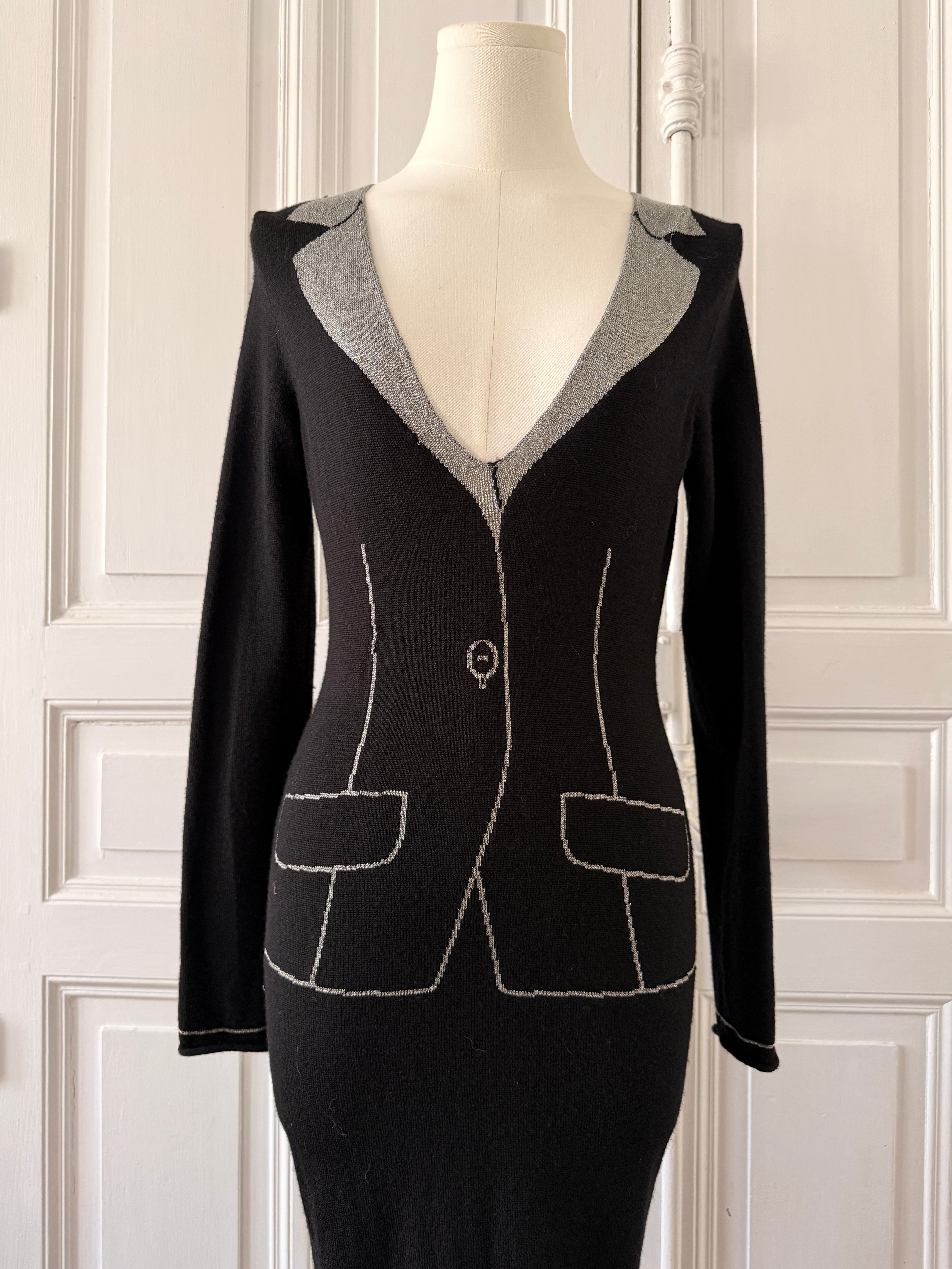 JC DE CASTELBAJAC Robe en laine trompe l’oeil noire et argenté taille 34