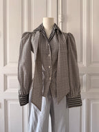 VINTAGE corsage chemisier année 70 noir et blanc manche bouffante col lavalière encolure rayée
