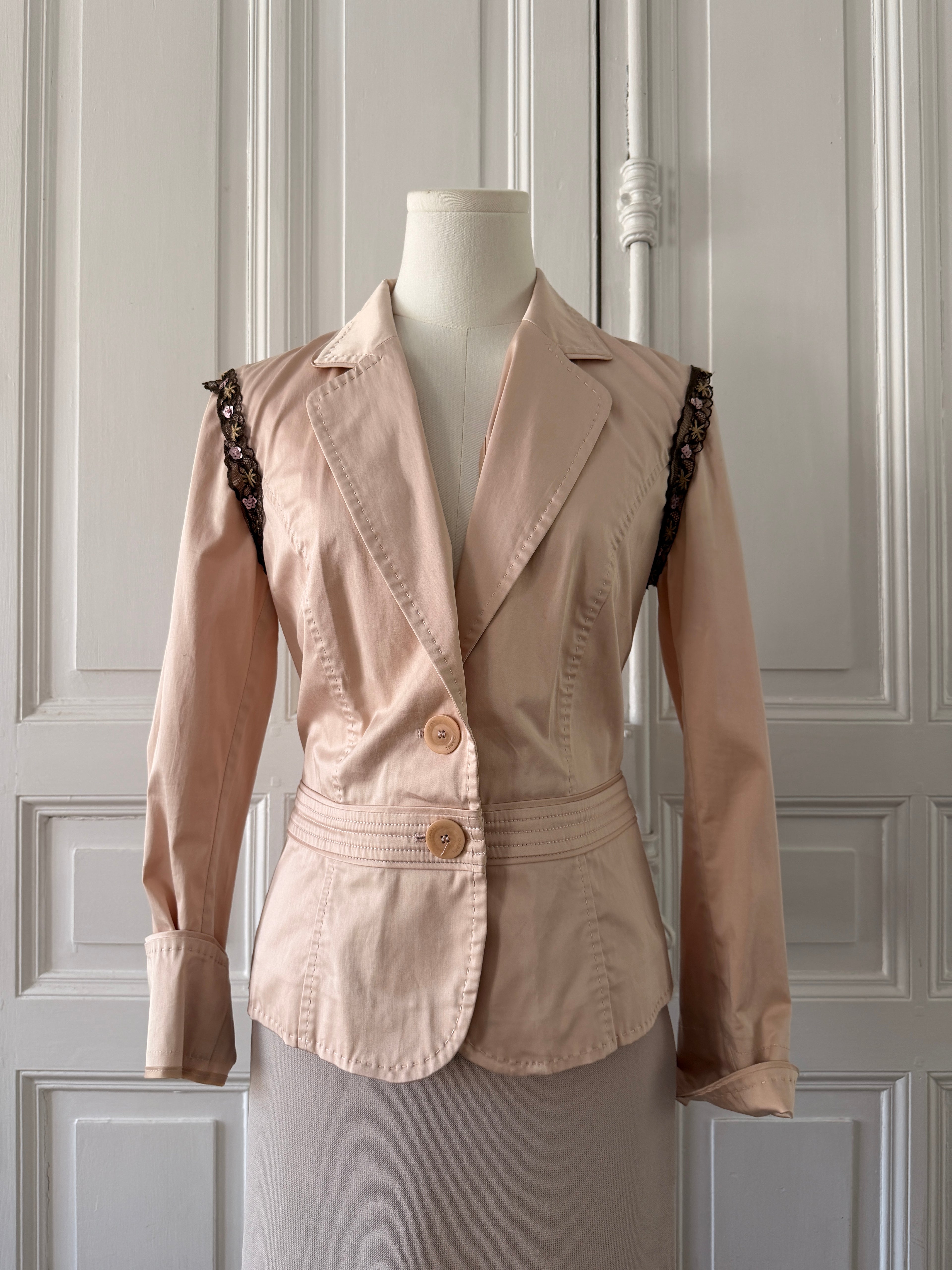 GERARD DAREL Veste satin rose poudrée dentelle brodée taille 38 années 2000