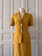 CACHAREL Ensemble tailleur jupe veste manche courte moutarde lin taille 36
