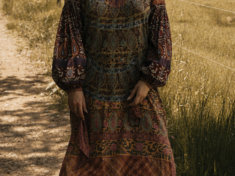 BOTEH Robe manche longue imprimée tissu indien taille 2 ceinture boucle