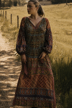 BOTEH Robe manche longue imprimée tissu indien taille 2 ceinture boucle