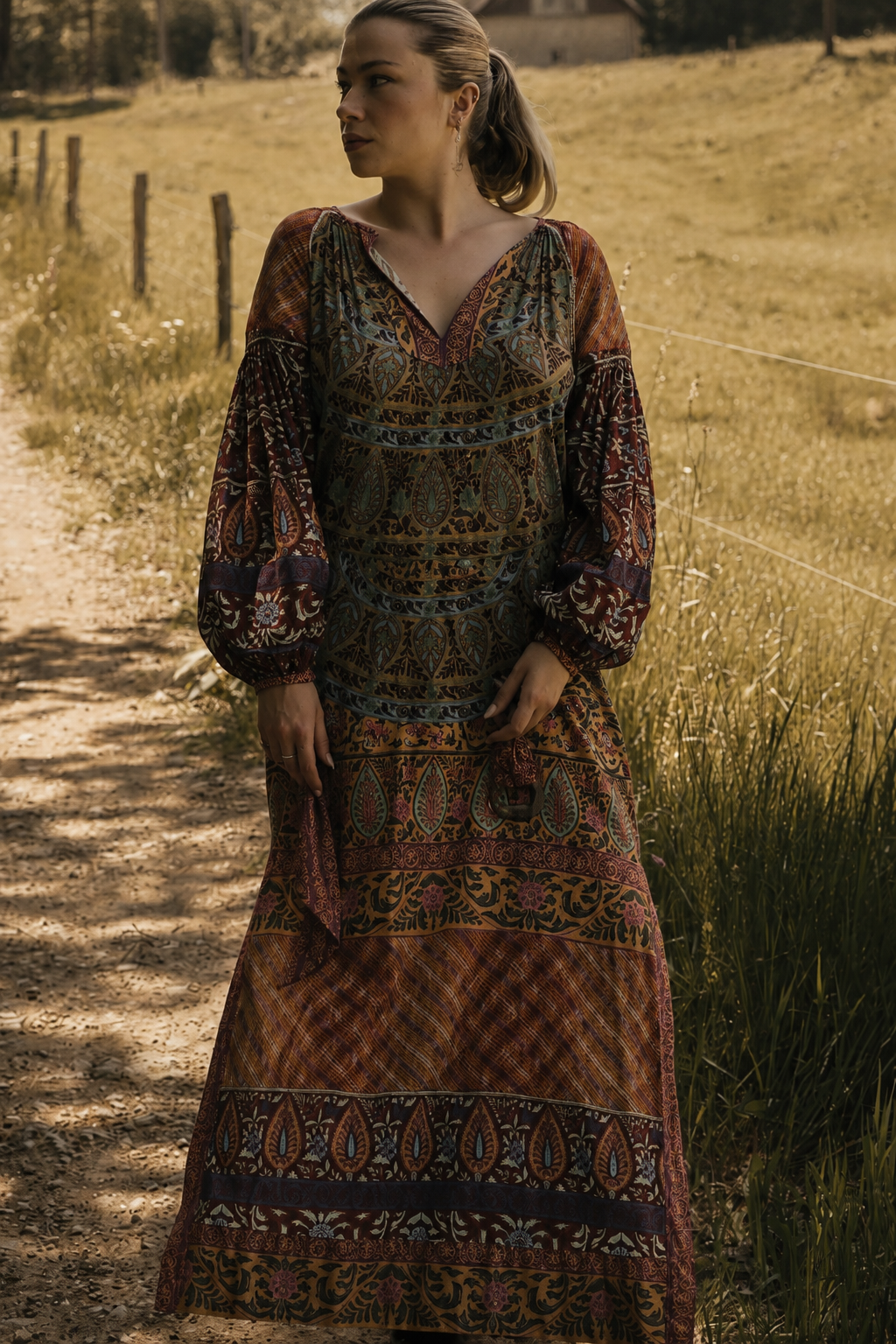 BOTEH Robe manche longue imprimée tissu indien taille 2 ceinture boucle