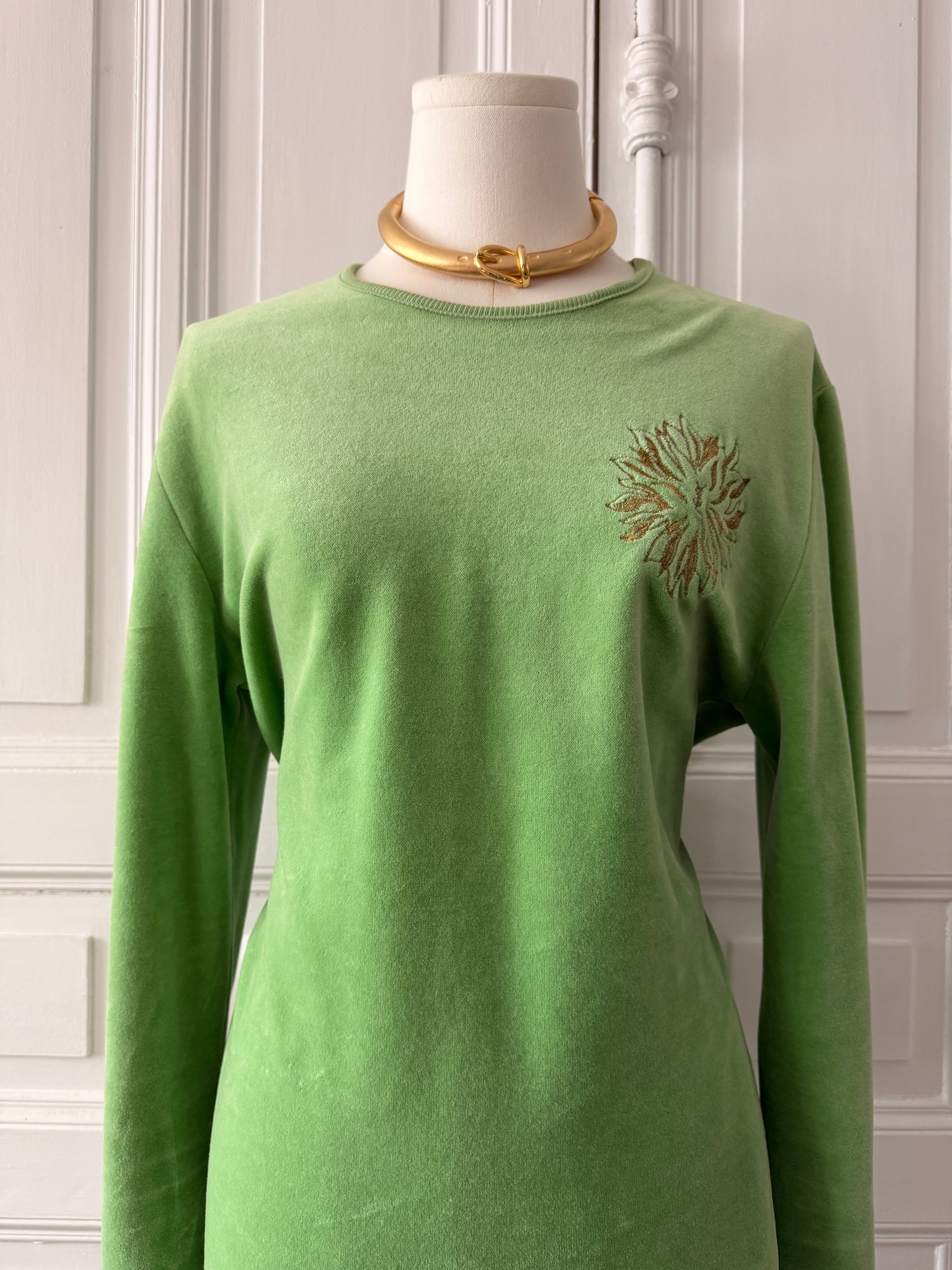 YVES SAINT LAURENT Ensemble top et jupe vert pomme velours brodé taille 38