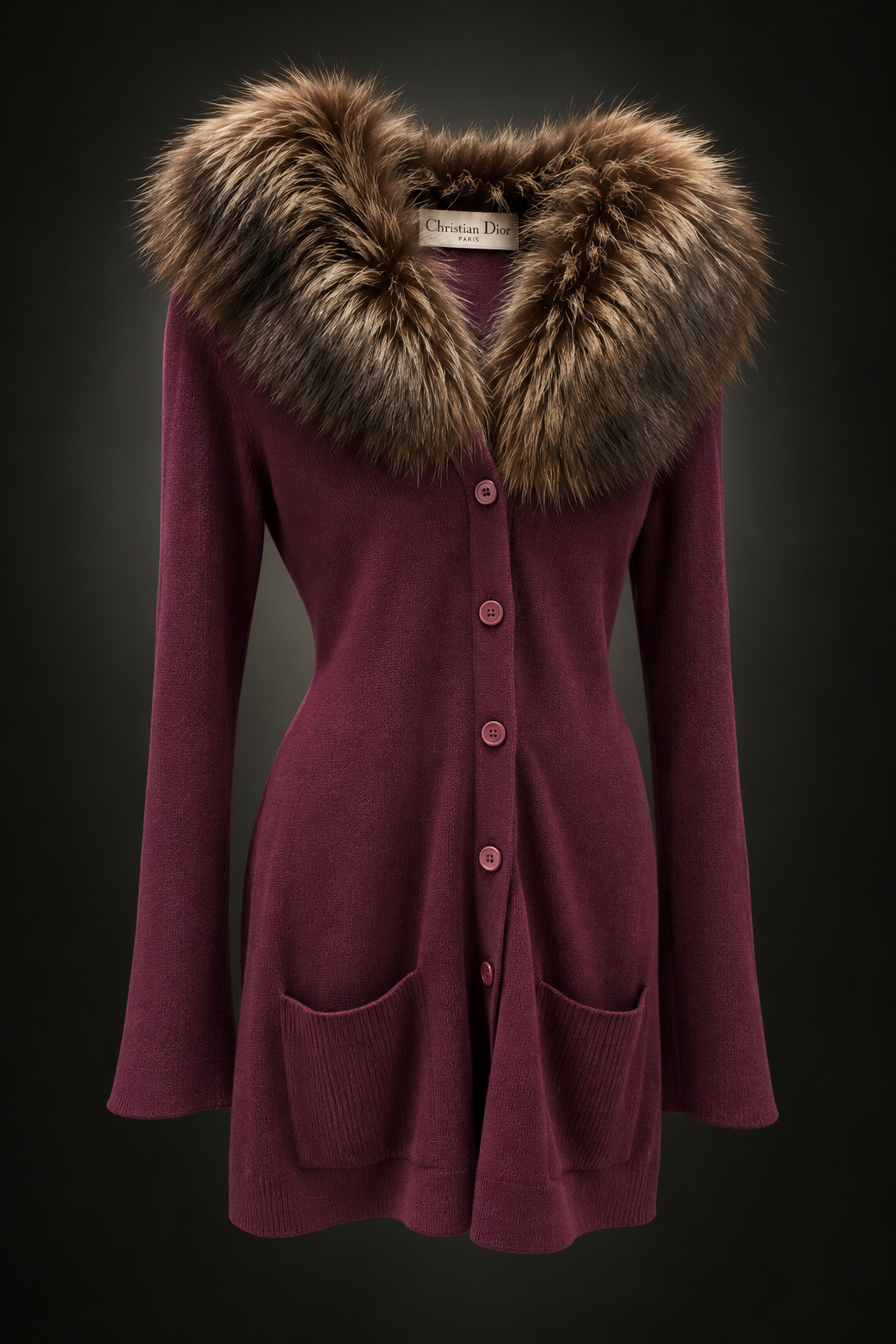 CHRISTIAN DIOR Long Cardigan en cachemire et col en renard amovible