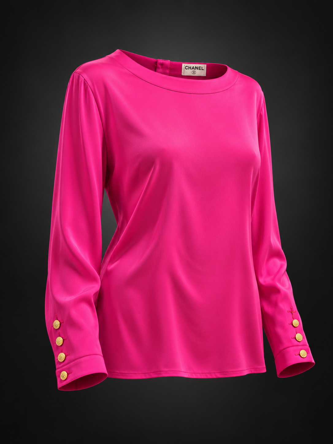 CHANEL Blouse Rose Shocking en soie boutons dorés