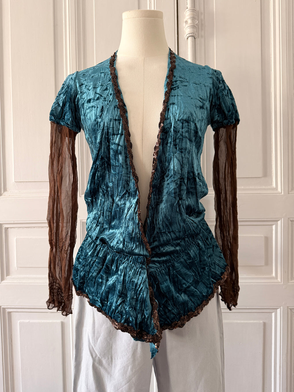 Y2K Veste en velours turquoise manche mesh taille 36