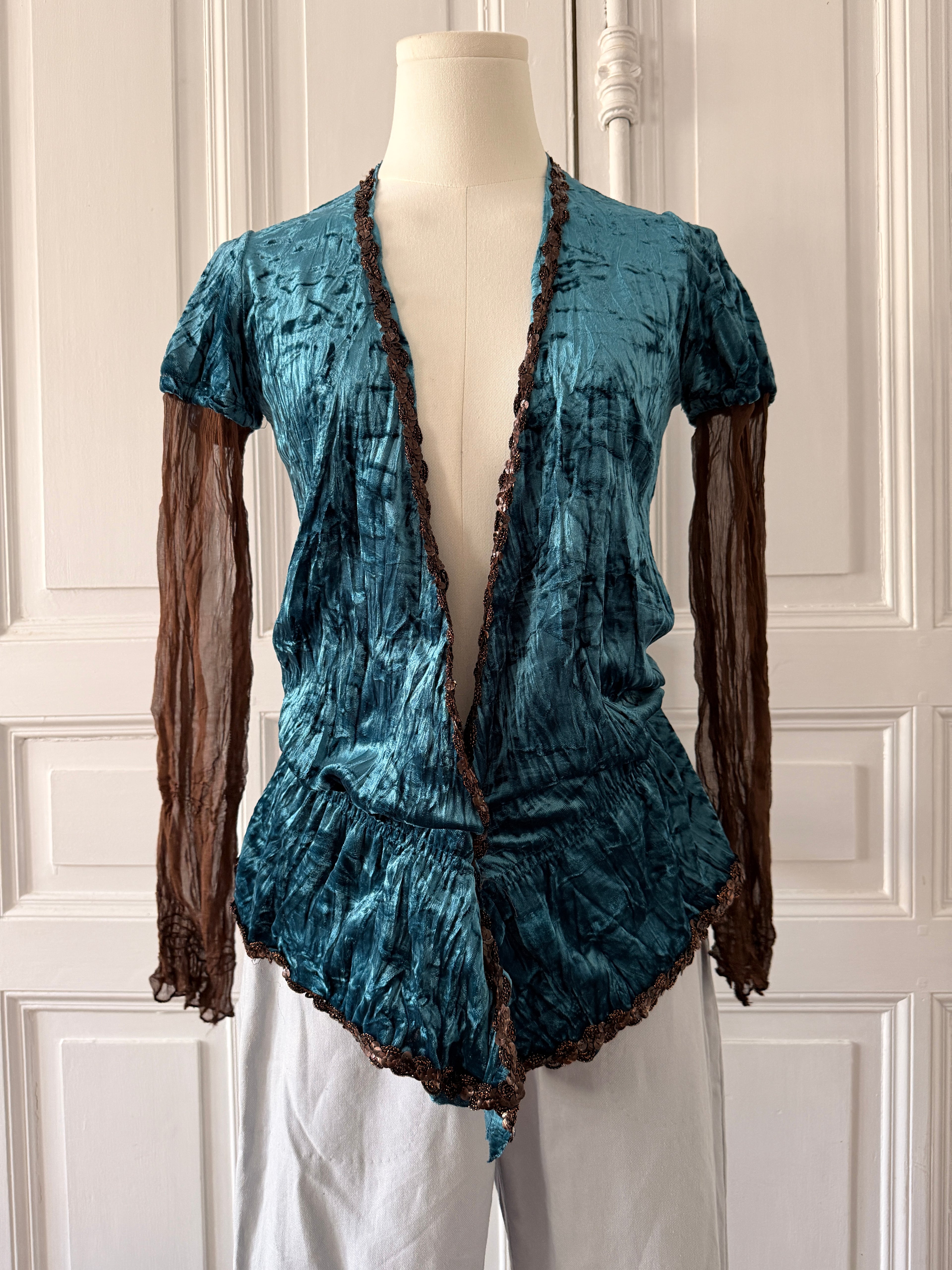 Y2K Veste en velours turquoise manche mesh taille 36