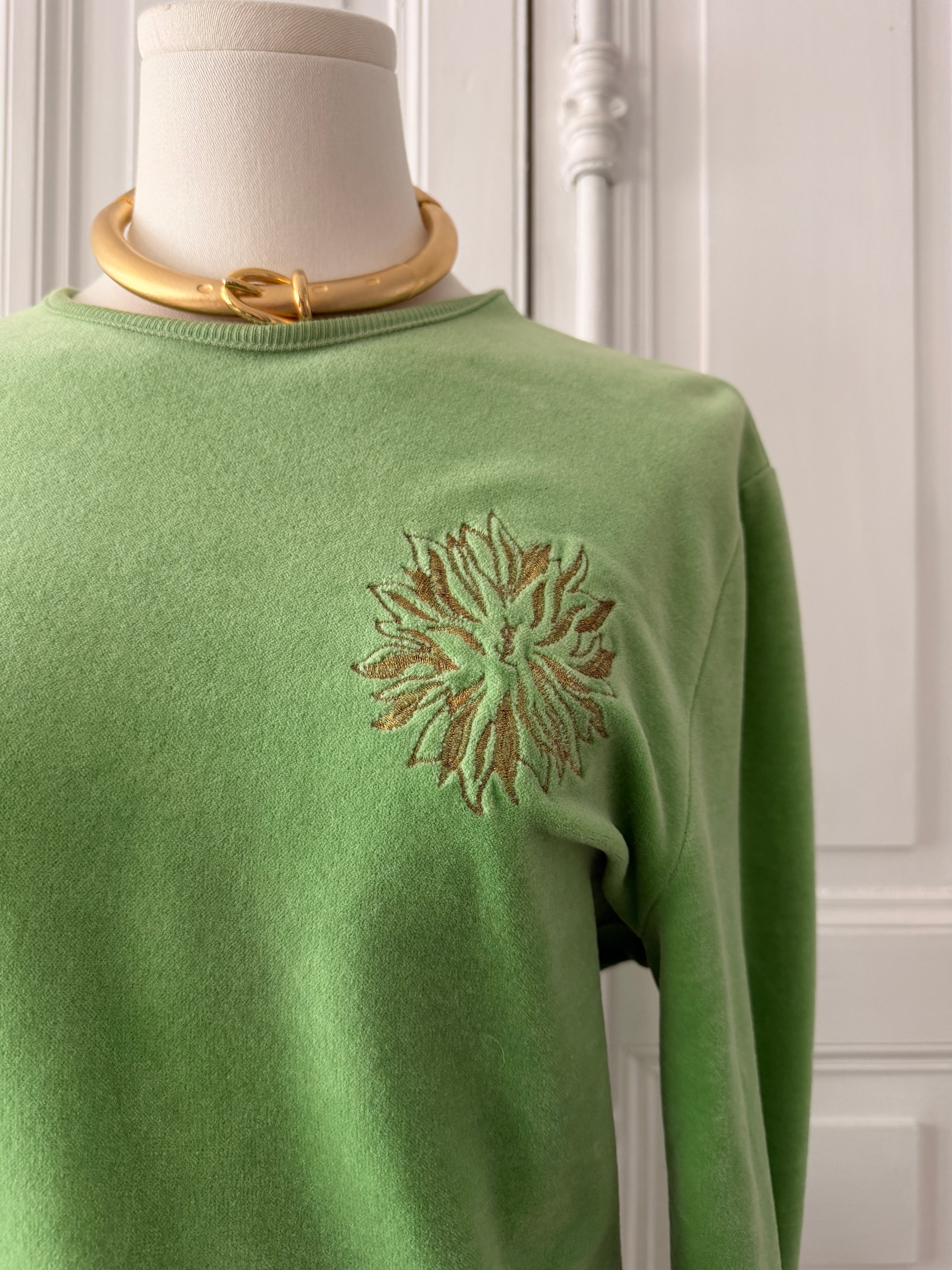 YVES SAINT LAURENT Ensemble top et jupe vert pomme velours brodé taille 38