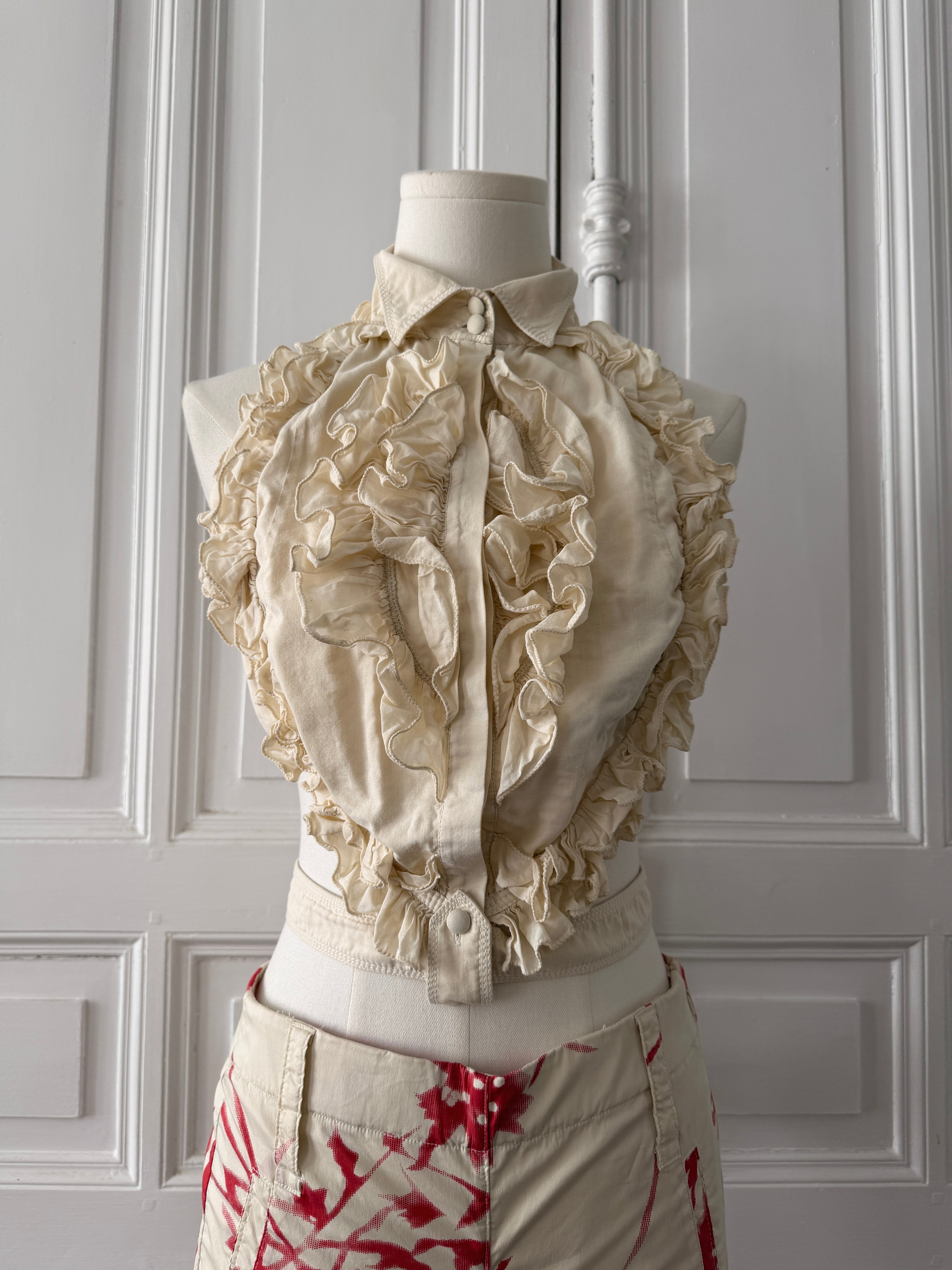 MAX MARA top plastron dos nu surchemise beige en coton à volants 36/38
