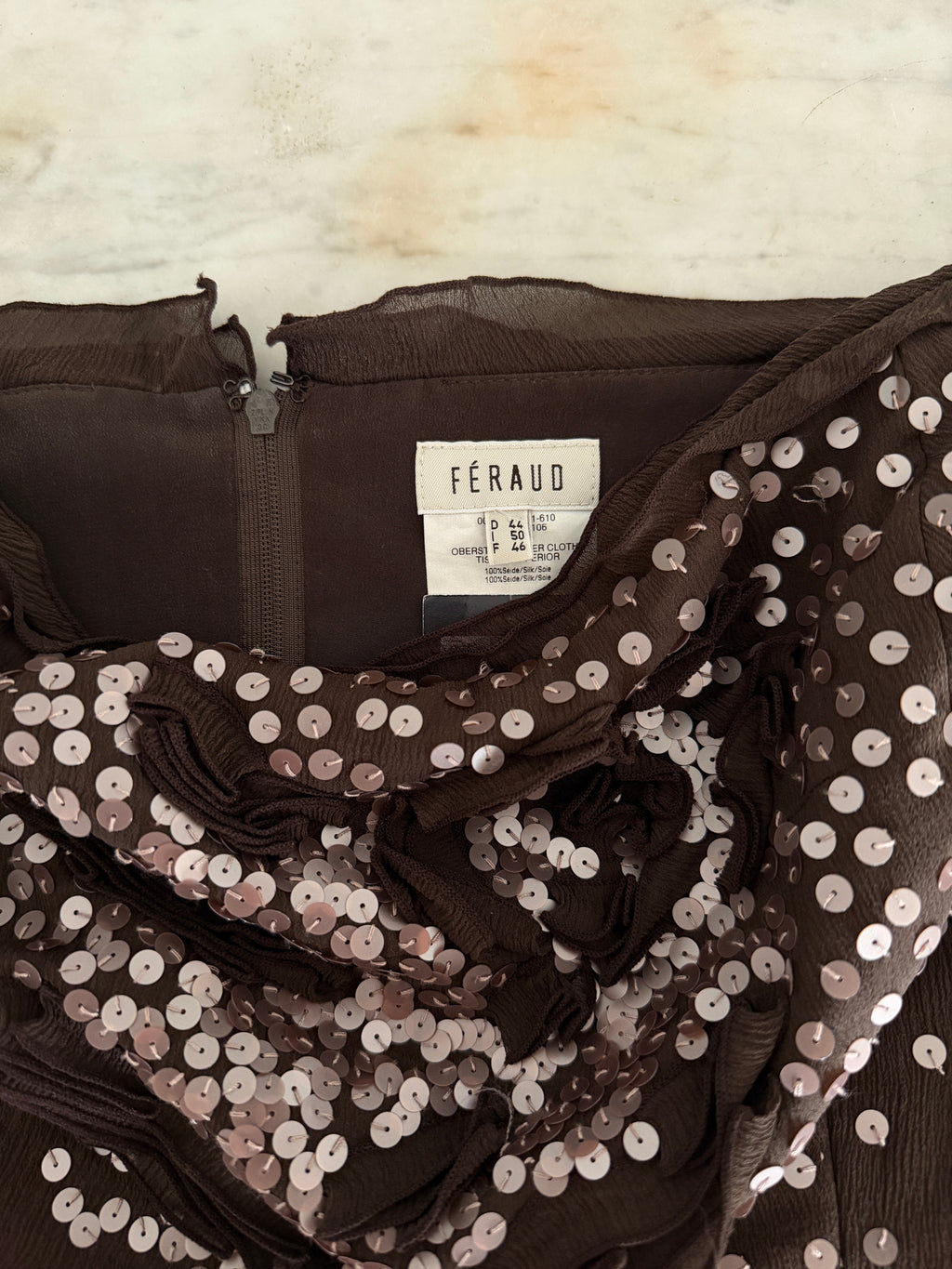 FÈRAUD bustier en soie brodé de sequins taille 46