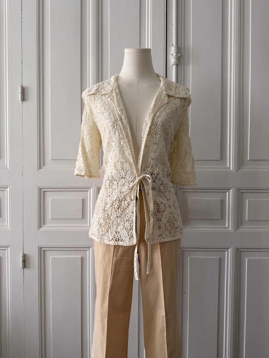 VINTAGE fait main 70s Gilet en crochet de coton écru taille unique