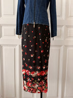 Y2K VINTAGE Jupe portefeuille noire à fleurs rouges