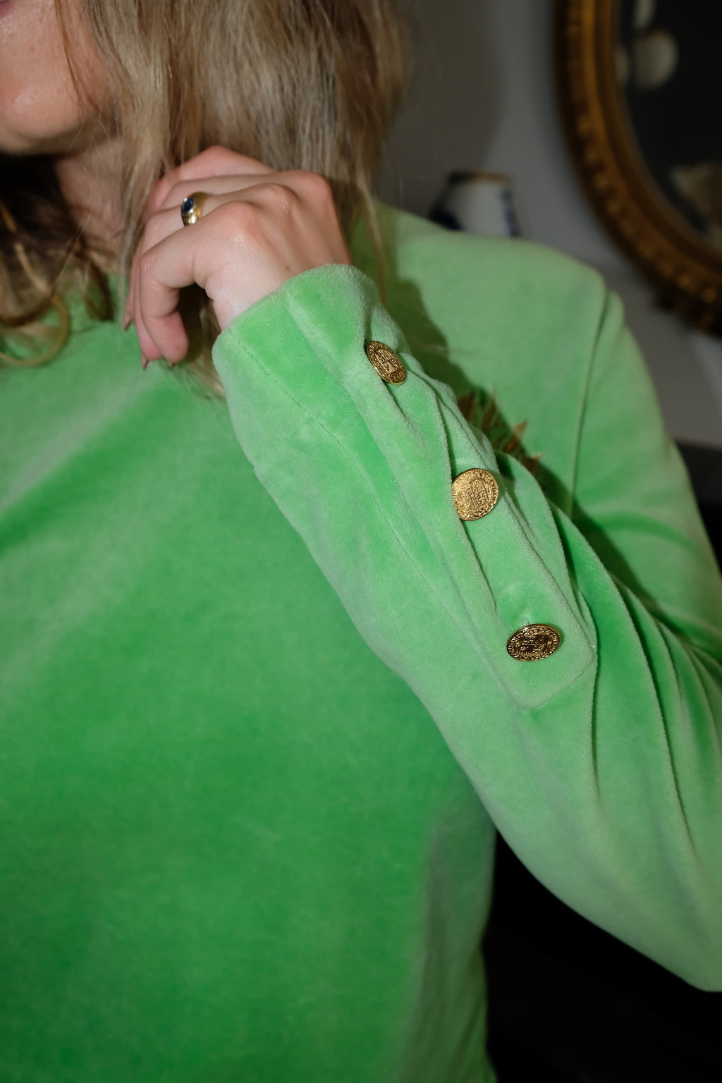 YVES SAINT LAURENT Ensemble top et jupe vert pomme velours brodé taille 38