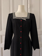 CACHAREL Robe col carré noire et blanche bouton coeur col noeud rayée taille 36