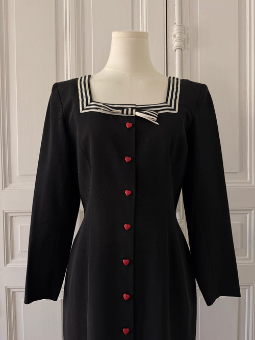 CACHAREL Robe col carré noire et blanche bouton coeur col noeud rayée taille 36