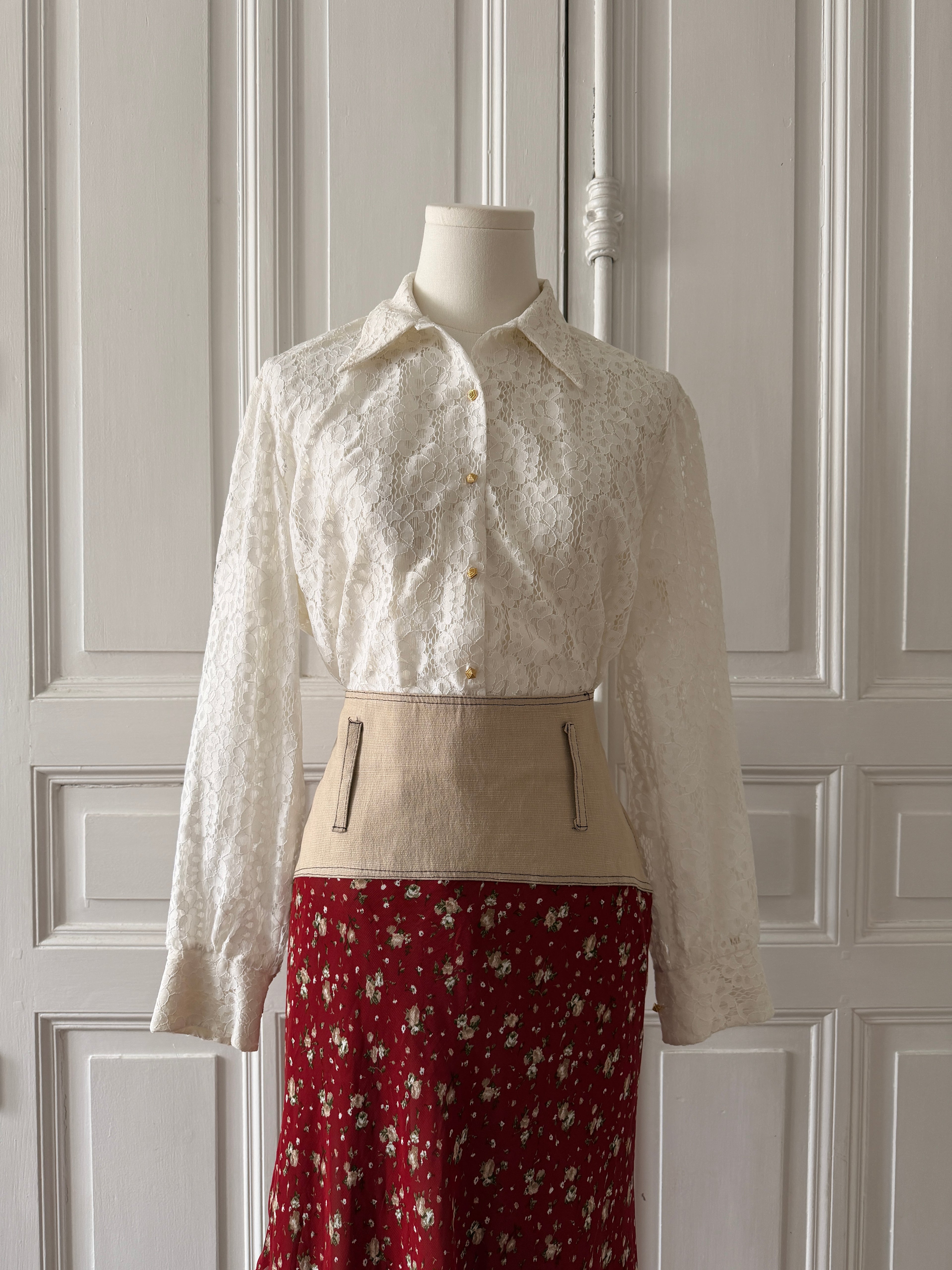 VINTAGE chemisier corsage rétro blanc en dentelle taille 42
