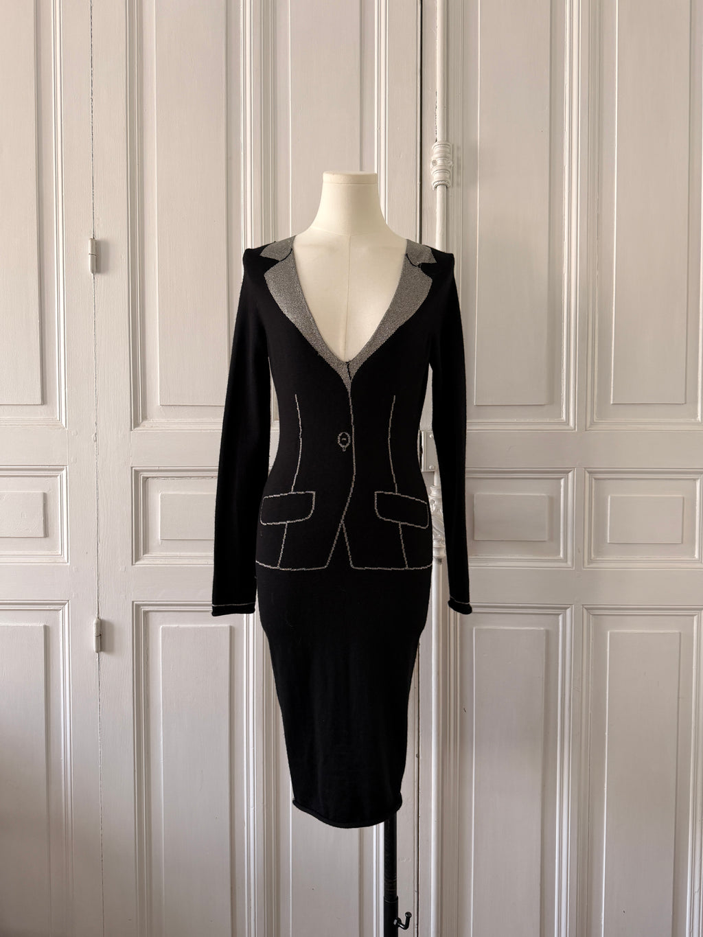 JC DE CASTELBAJAC Robe en laine trompe l’oeil noire et argenté taille 34