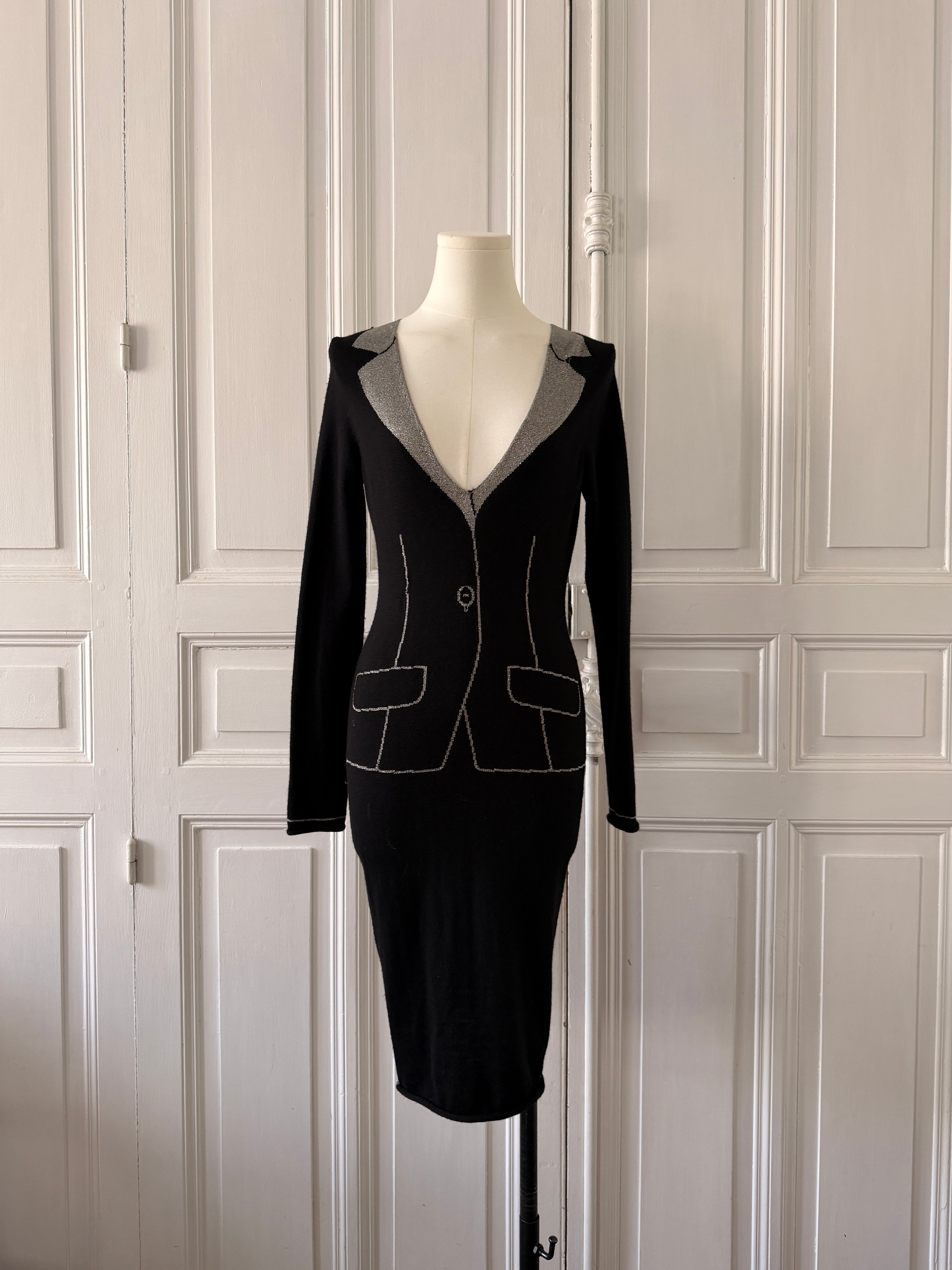 JC DE CASTELBAJAC Robe en laine trompe l’oeil noire et argenté taille 34