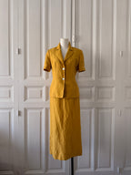 CACHAREL Ensemble tailleur jupe veste manche courte moutarde lin taille 36