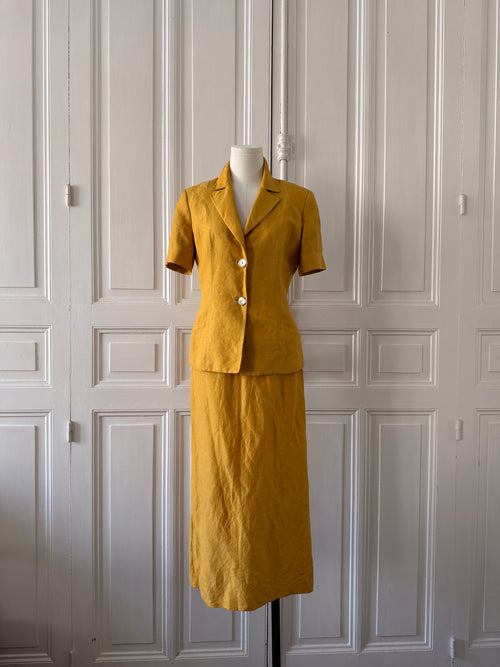 CACHAREL Ensemble tailleur jupe veste manche courte moutarde lin taille 36