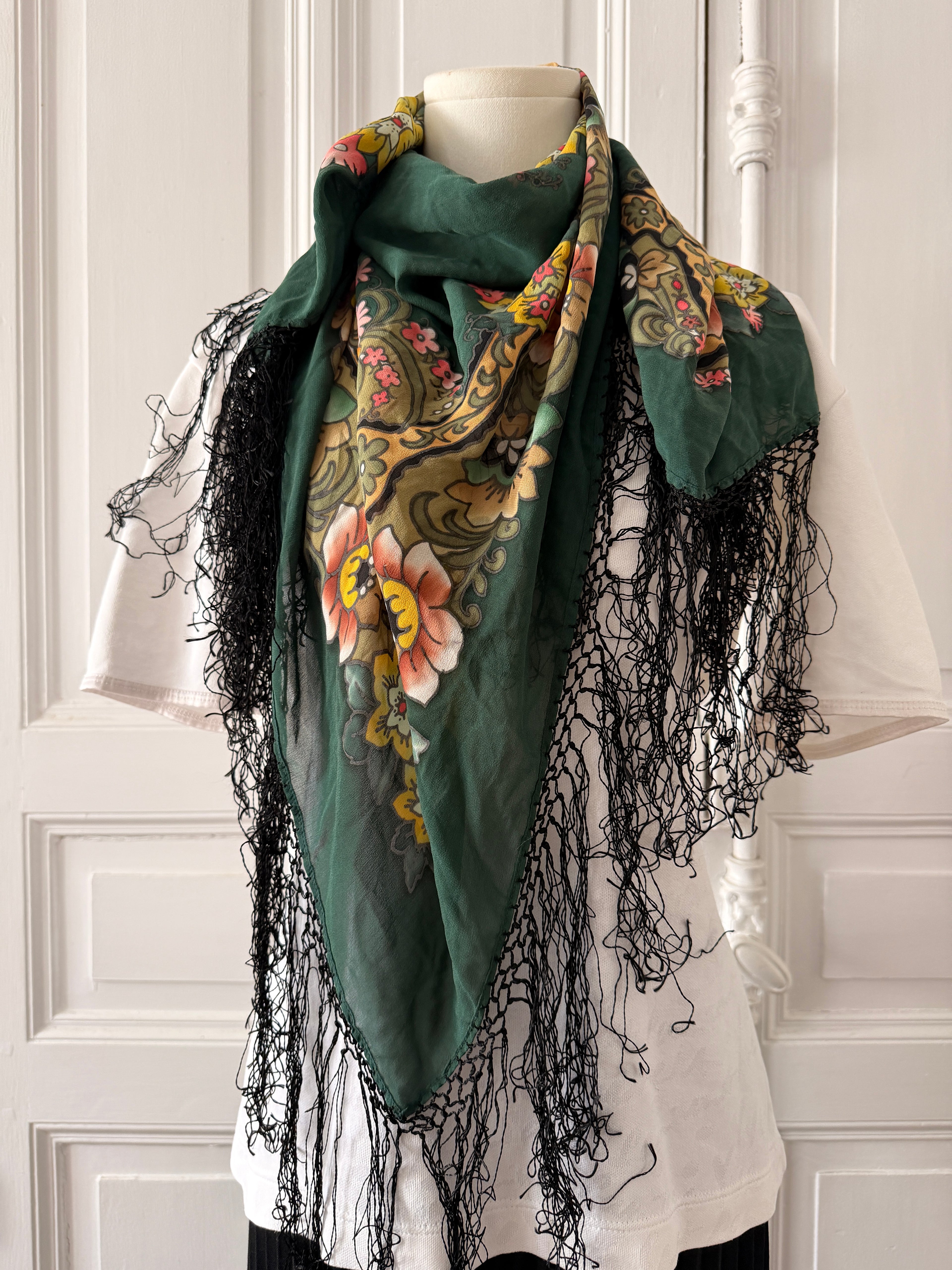VINTAGE Foulard en soie vintage à fleurs à franges vert jaune rose