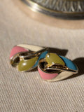 VINTAGE clip émaillés bleu vert rose et crème plaqués or
