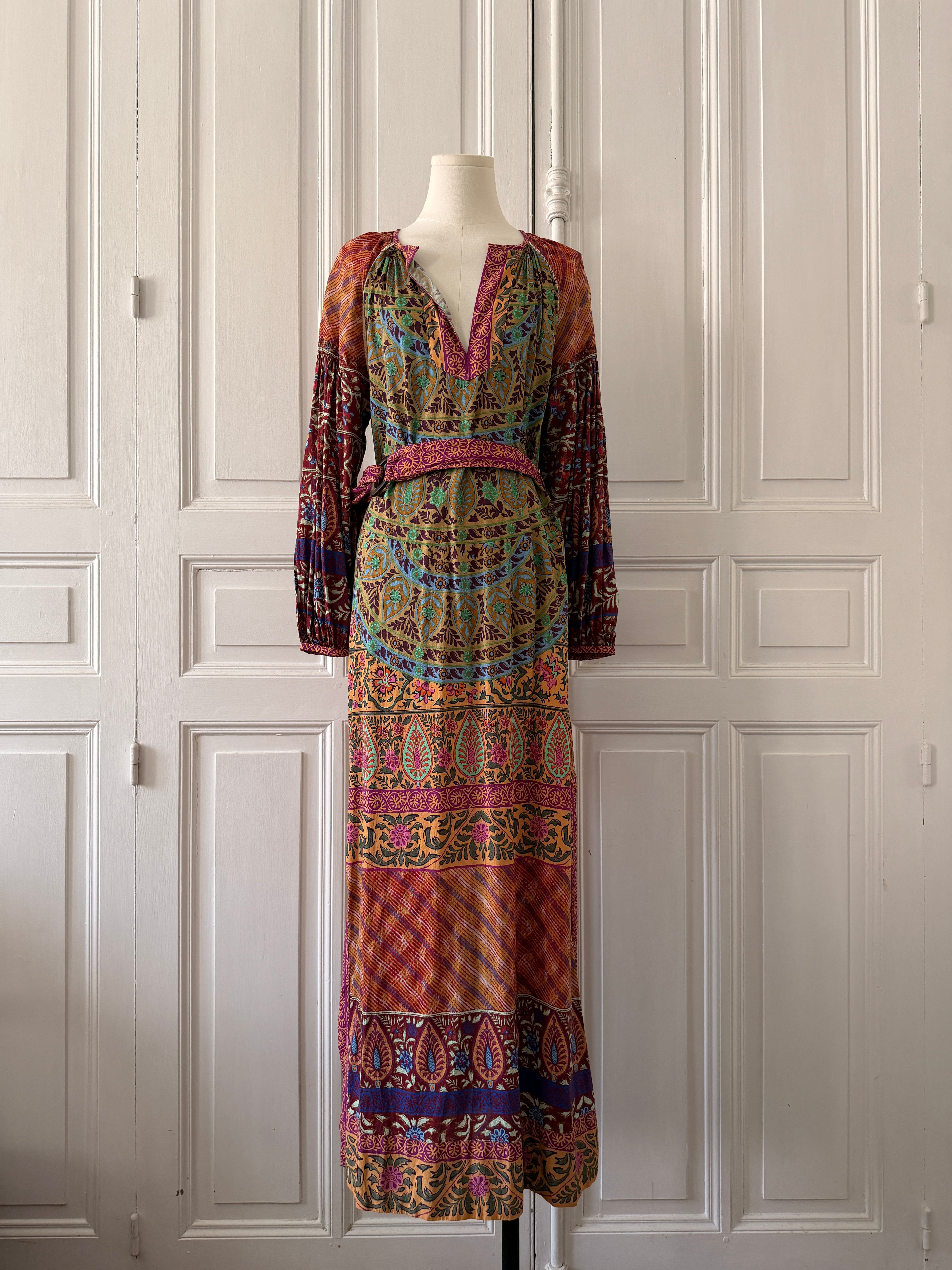 BOTEH Robe manche longue imprimée tissu indien taille 2 ceinture boucle