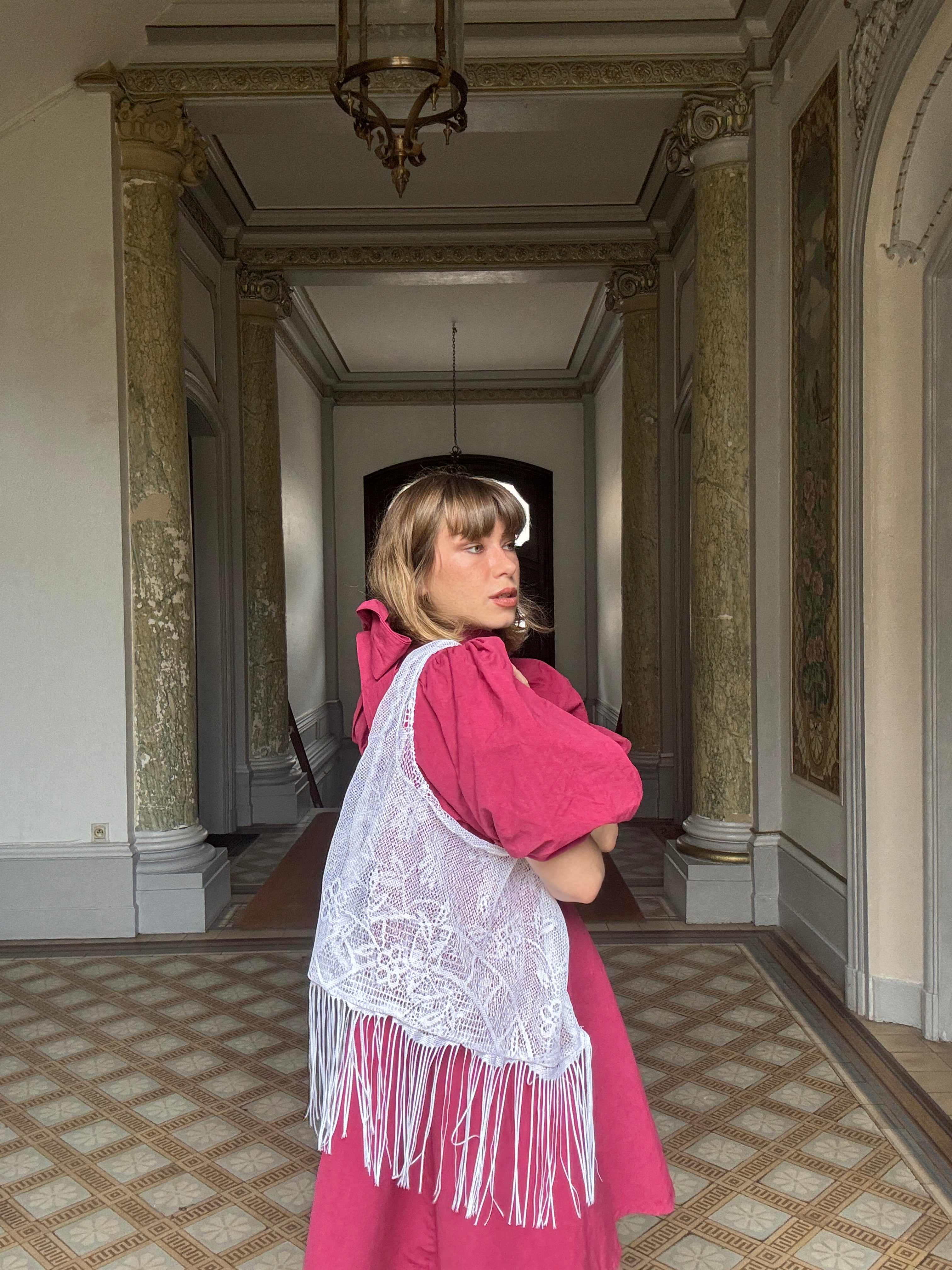 Sac à main Voilage Dentelle Upcyclé- Modèle "Mémoire"- Triangle - Transparent + franges