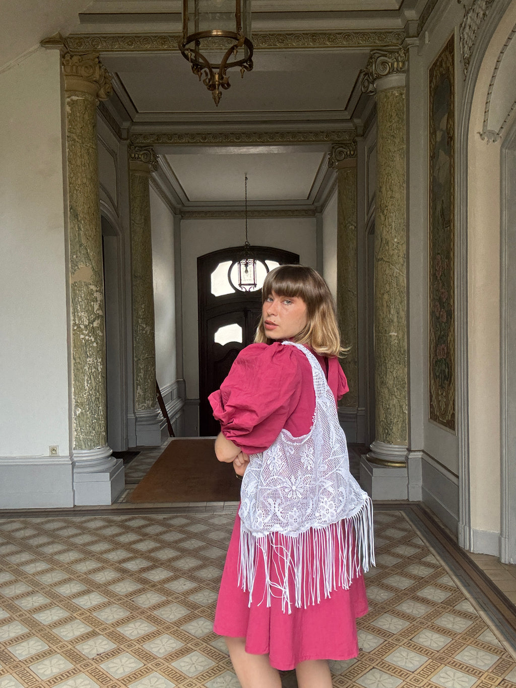 Sac à main Voilage Dentelle Upcyclé- Modèle "Mémoire"- Triangle - Transparent + franges