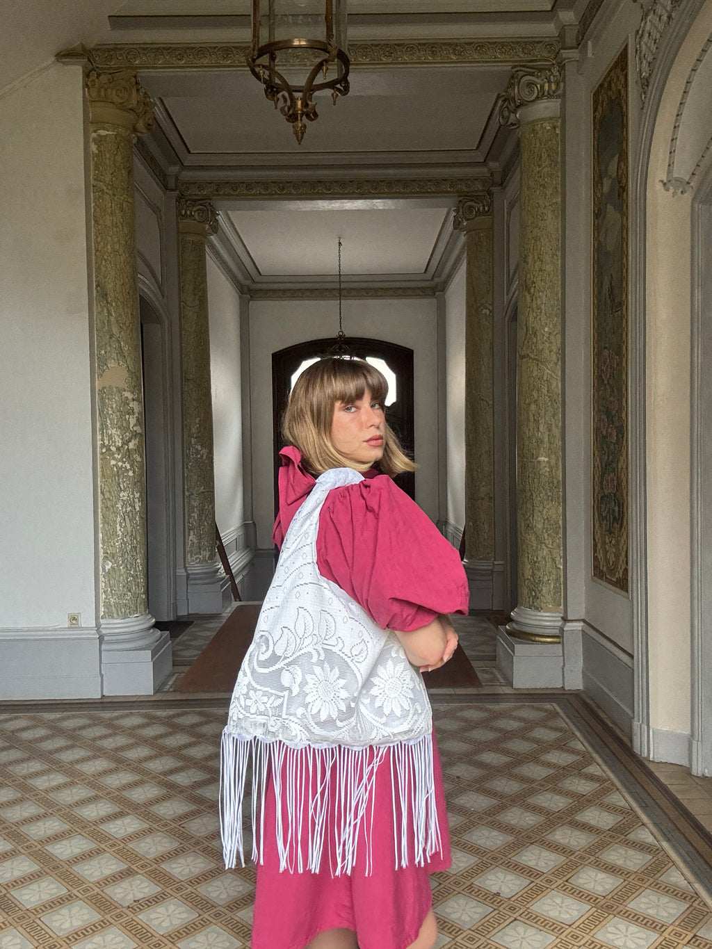 Sac à main Voilage Dentelle Upcyclé- Modèle "Mémoire"- Triangle- Franges