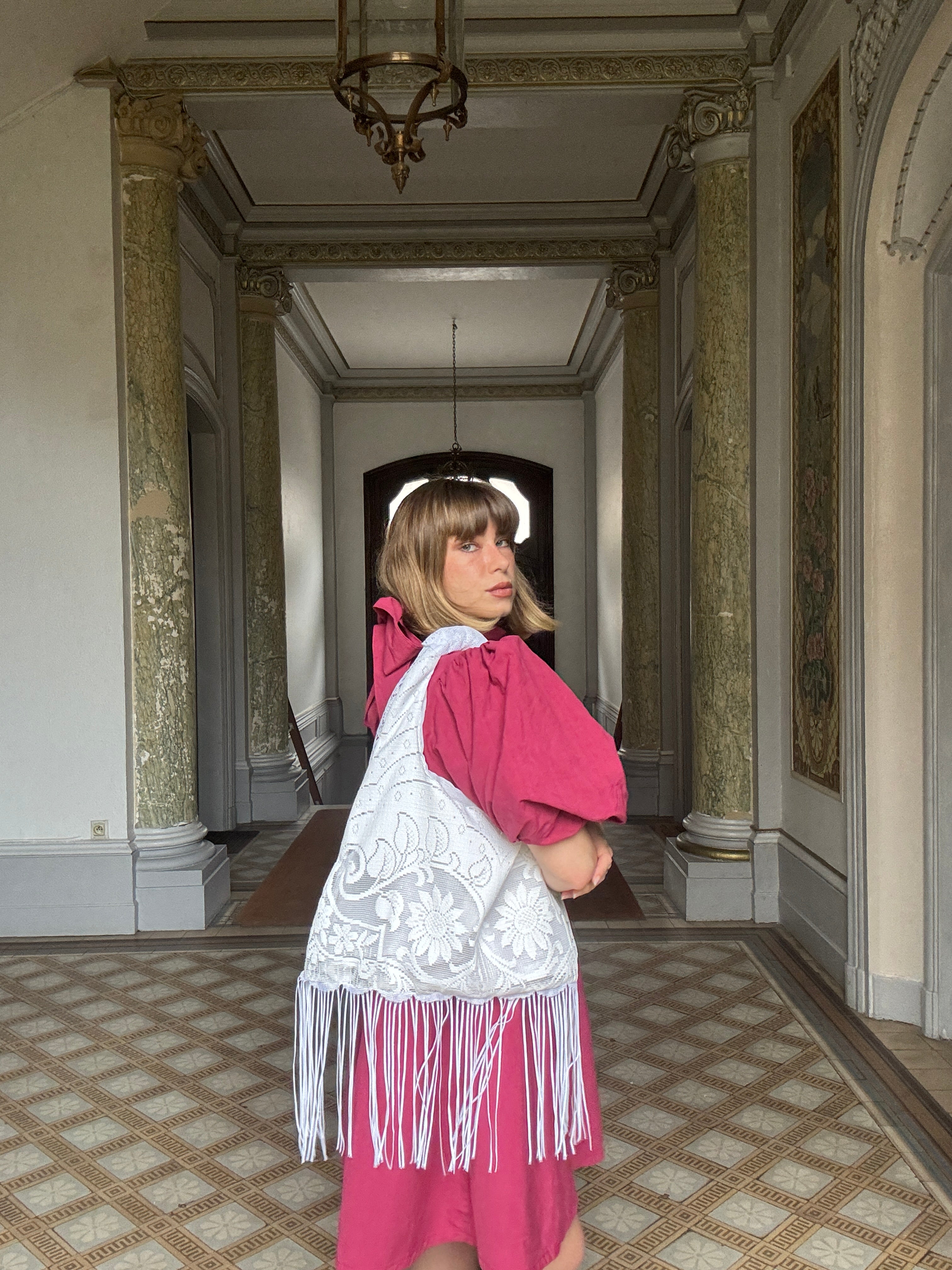 Sac à main Voilage Dentelle Upcyclé- Modèle "Mémoire"- Triangle- Franges