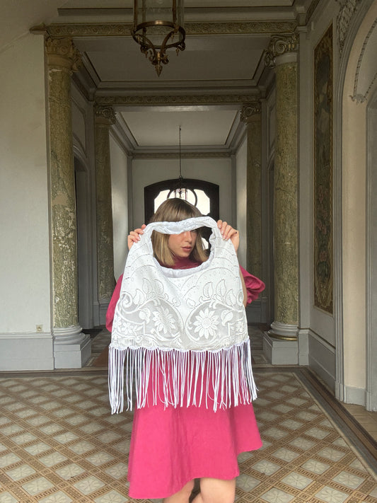 Sac à main Voilage Dentelle Upcyclé- Modèle "Mémoire"- Triangle- Franges