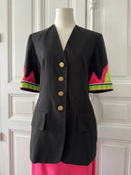 LOUIS FERAUD Ensemble tailleur jupe veste manche courte brodé noire et fuschia taille 38