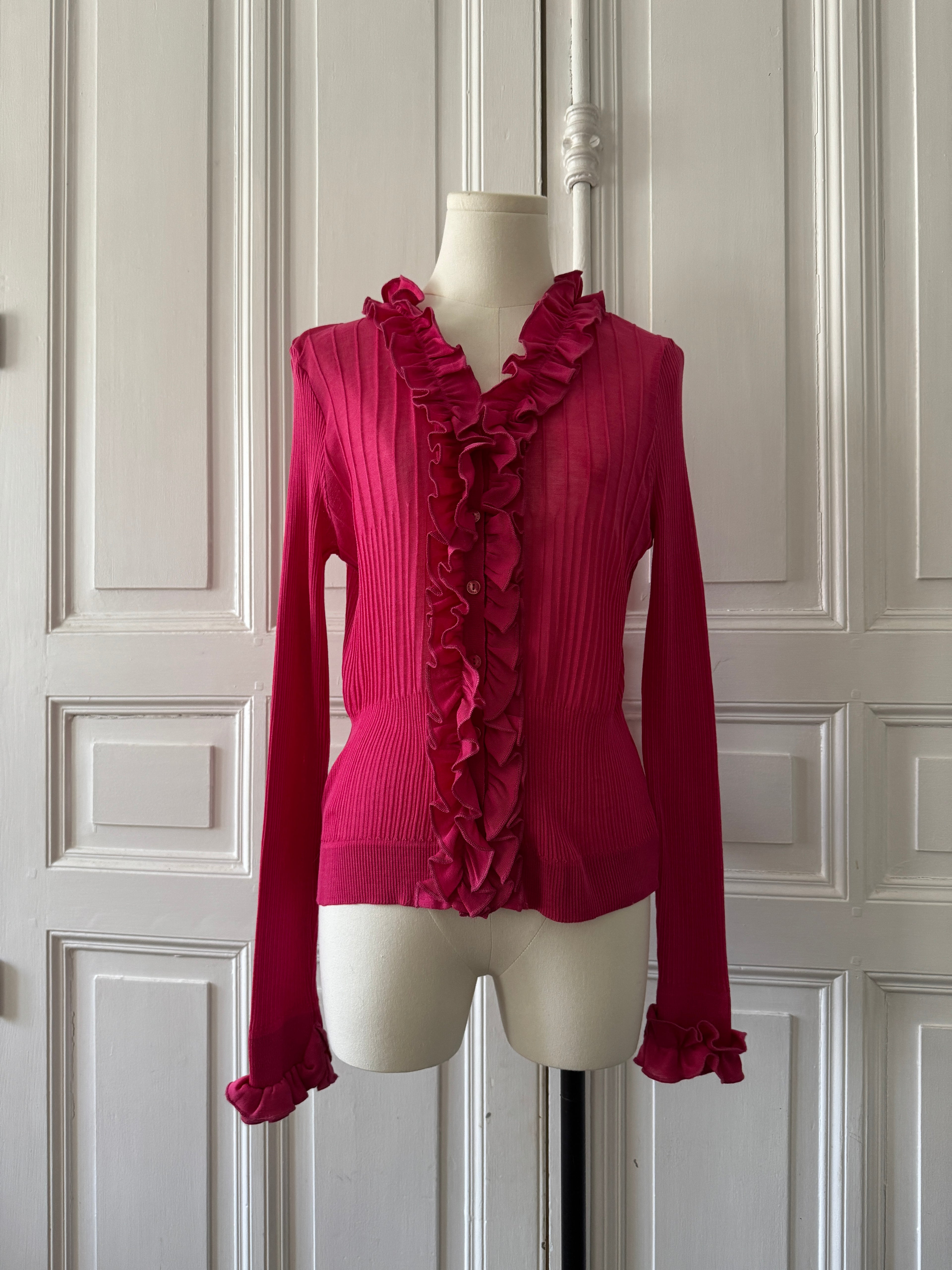 ANNE FONTAINE Cardigan en maille légère fuschia à volants taille 44